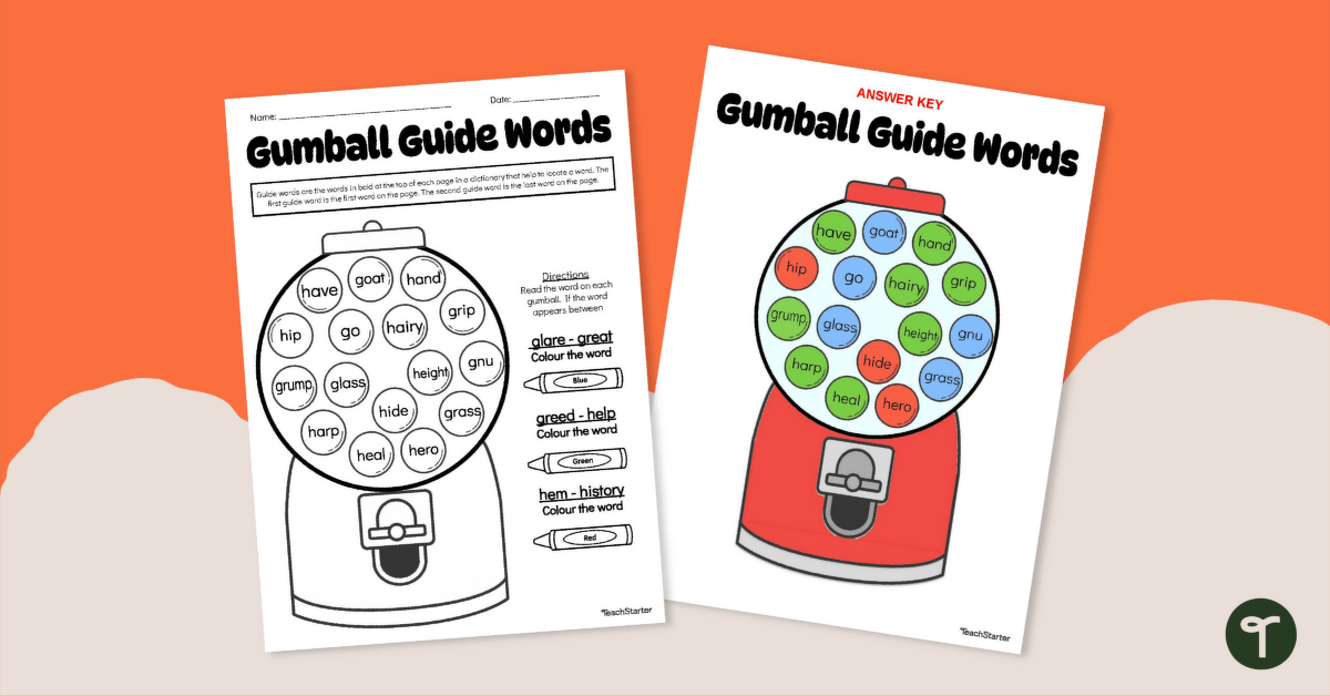 Gumball Guide Words Worksheet teaching resource