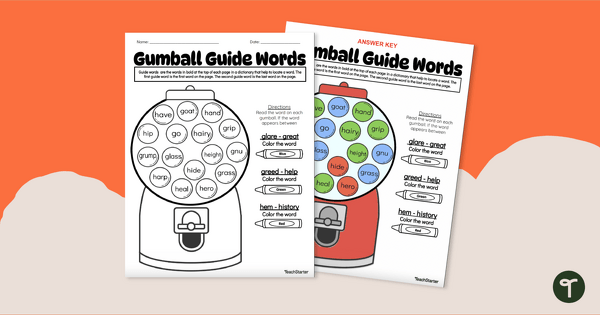 Gumball Guide Words Worksheet teaching resource
