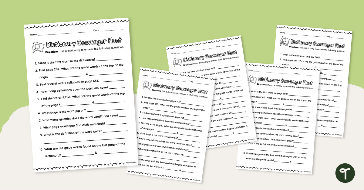Find It! - Dictionary Scavenger Hunt Worksheets teaching resource