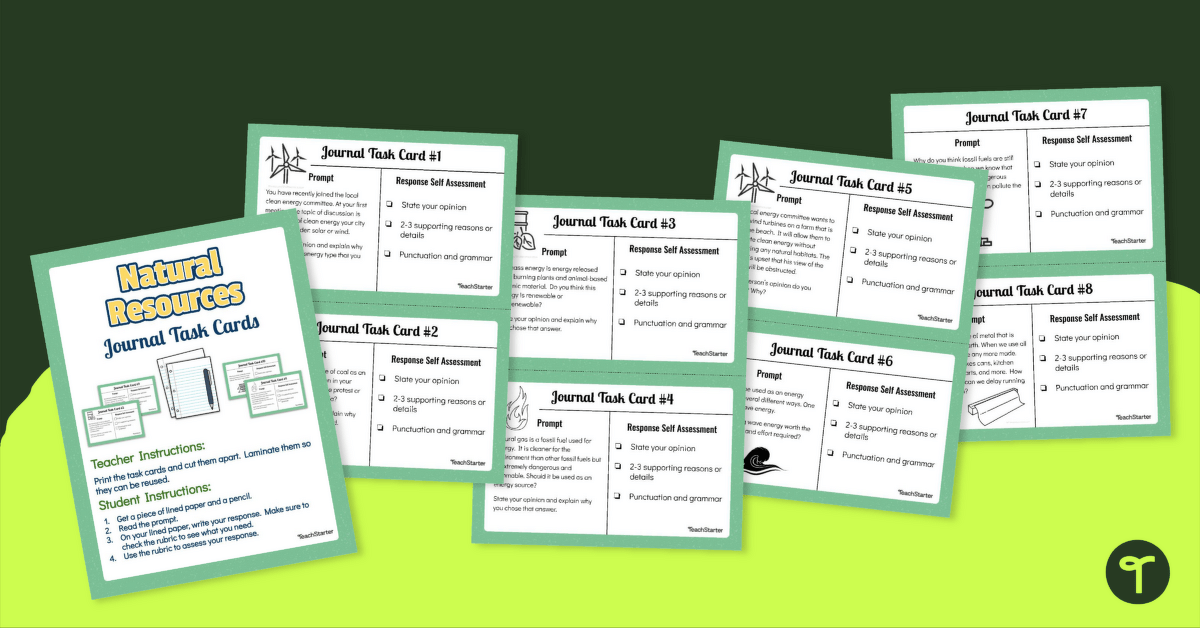 Natural Resources Task Cards - Journal Writing Prompts teaching resource