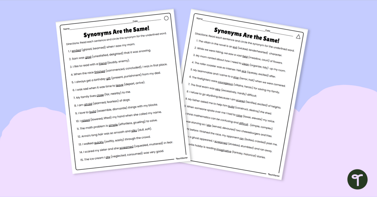 Synonyms Are the Same! – Differentiated Worksheets teaching resource