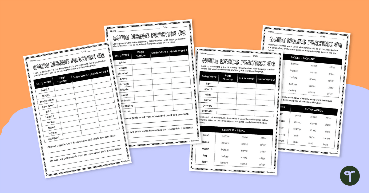 Working With Guide Words Worksheet Set teaching resource