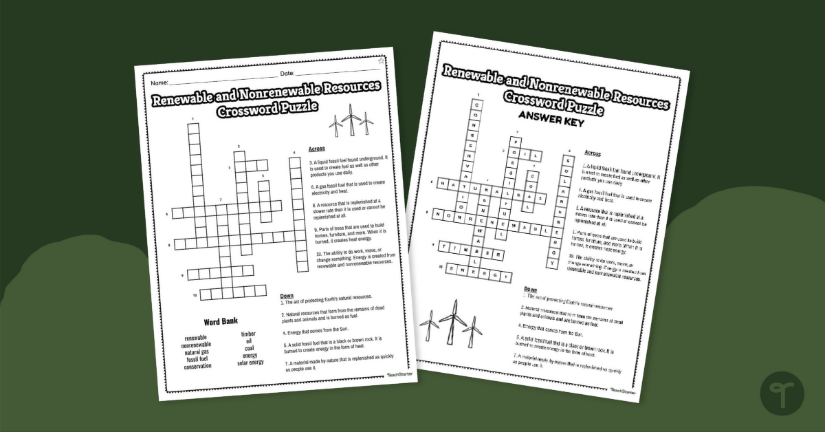 Renewable and Nonrenewable Resources – Crossword Puzzle teaching resource