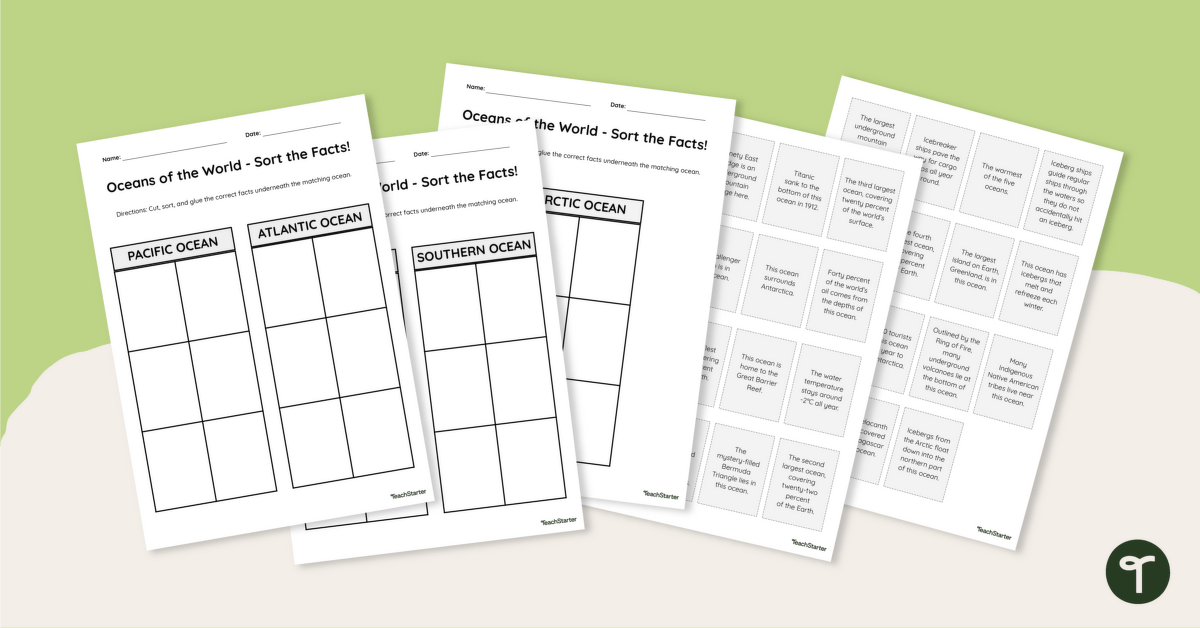Oceans of the World - Cut and Paste Worksheet teaching resource