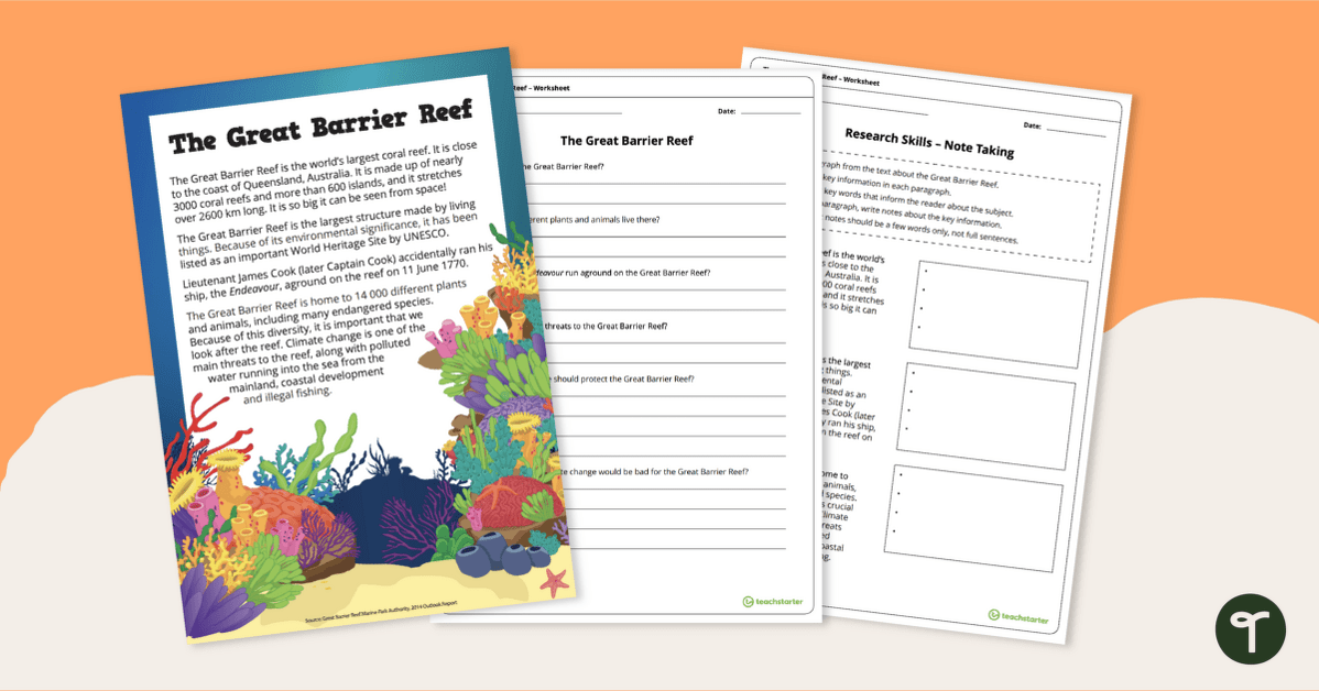 Great Barrier Reef - Comprehension and Note Taking Worksheet teaching resource