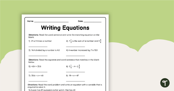 Writing Equations – Worksheet teaching resource
