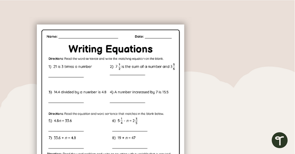 Go to Writing Equations – Worksheet teaching resource