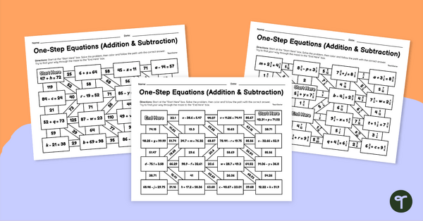 One-Step Equations (Addition and Subtraction) – Math Mazes teaching resource