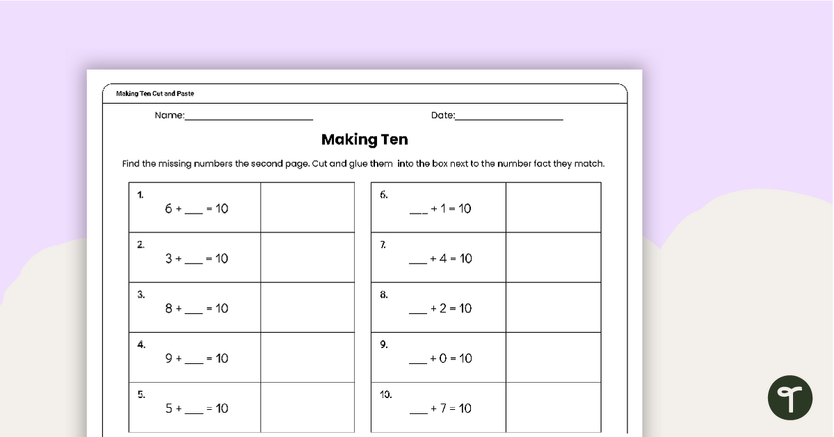 Making Ten Cut and Paste Worksheet teaching resource