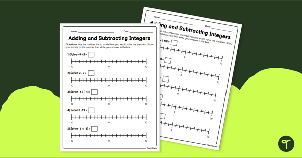 Adding and Subtracting Integers on Number Lines - Worksheet teaching resource