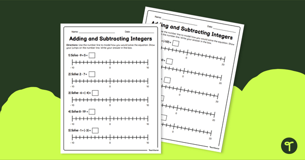 Image of Adding and Subtracting Integers on Number Lines - Worksheet