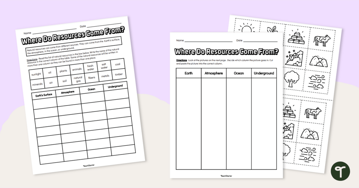 Where Do Natural Resources Come From? Differentiated Worksheet teaching resource