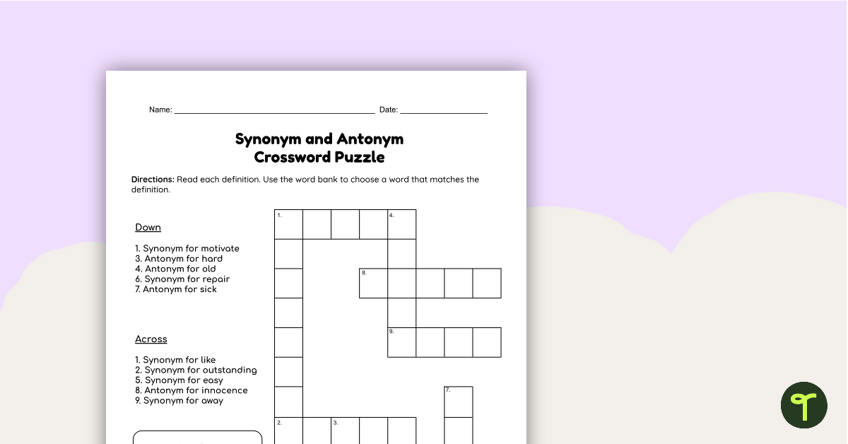 Synonym and Antonym Crossword Puzzle teaching resource