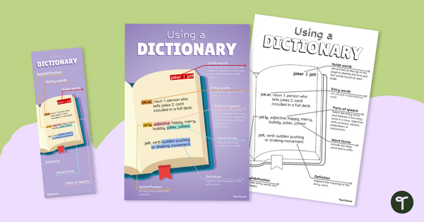 Parts of a Dictionary Poster and Bookmark teaching resource