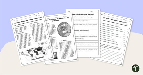 The World's Oceans - Comprehension Worksheet teaching resource