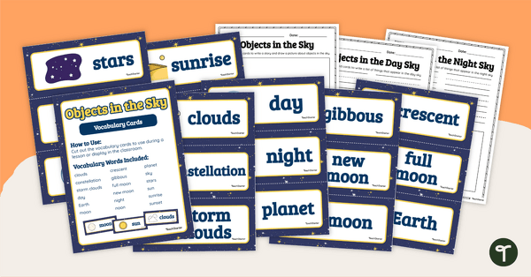 转到天空中的物体 - 词汇卡和写模板教学资源