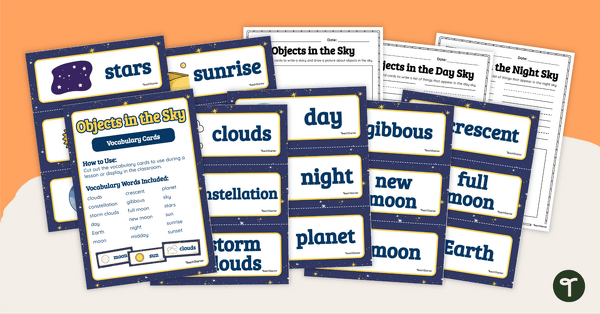 Go to Objects in the Sky – Vocabulary Cards and Writing Templates teaching resource