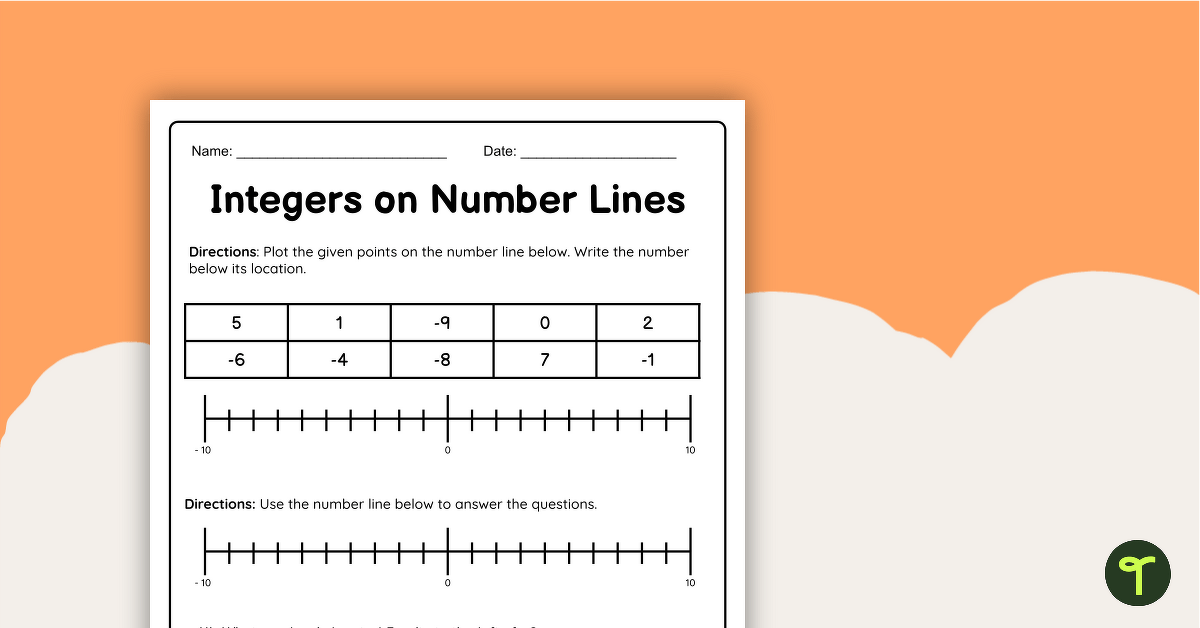 Integers on Number Lines - Worksheet teaching resource