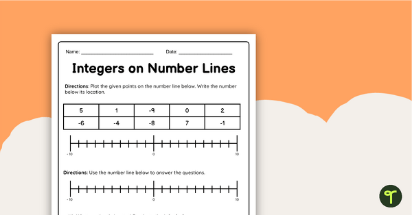 Go to Integers on Number Lines - Worksheet teaching resource