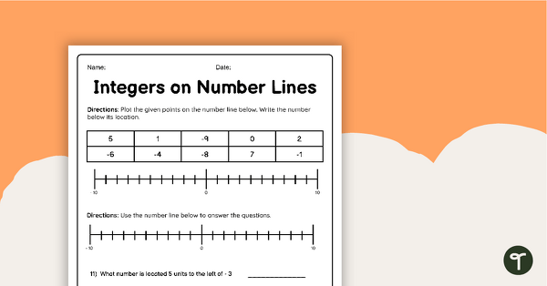 Go to Integers on Number Lines - Worksheet teaching resource