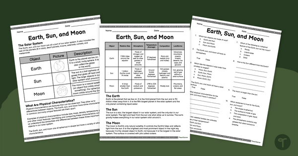 Earth, Sun, and Moon – Comprehension Worksheet teaching resource