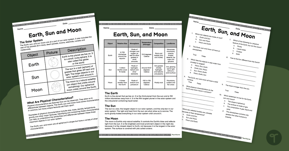 Earth, Sun and Moon – Comprehension Worksheet teaching resource