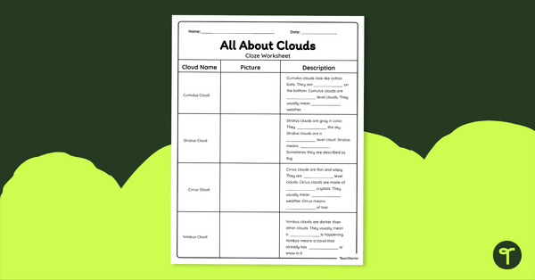 Image of All About Clouds - Cloze Worksheet