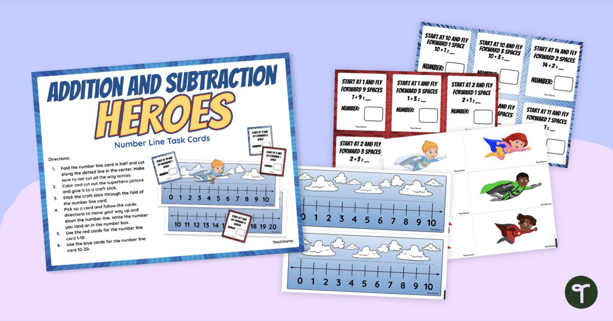 Number Line Task Cards - Superhero Addition and Subtraction Activity teaching resource