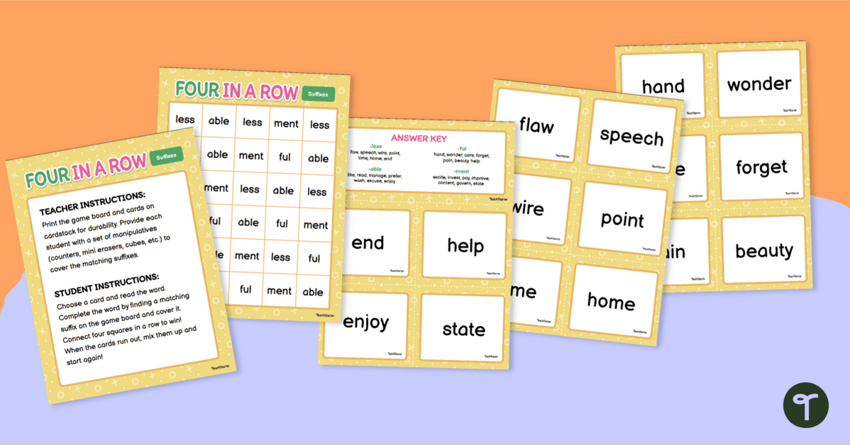 Four In A Row Vocabulary Game - Suffixes teaching resource