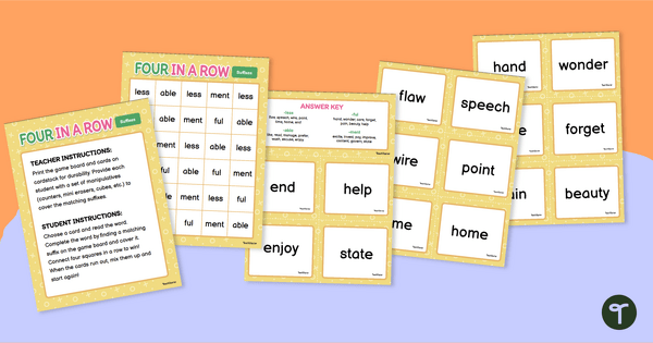 Go to Four In A Row Vocabulary Game - Suffixes teaching resource