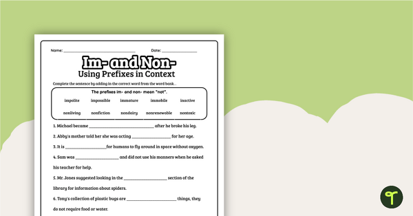 Image of Prefix Worksheet: Im- and Non-