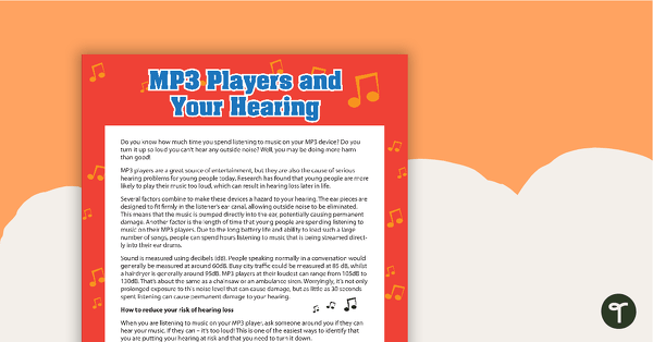 Comprehension - MP3 Players and Your Hearing teaching resource