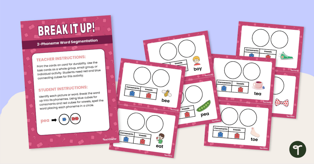 Break It Up! 2-Phoneme Word Segmentation Task Cards teaching resource