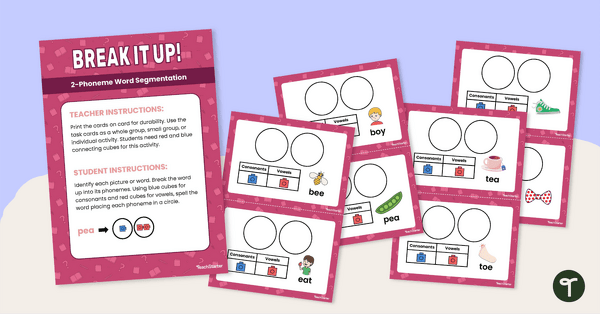 Go to Break It Up! 2-Phoneme Word Segmentation Task Cards teaching resource