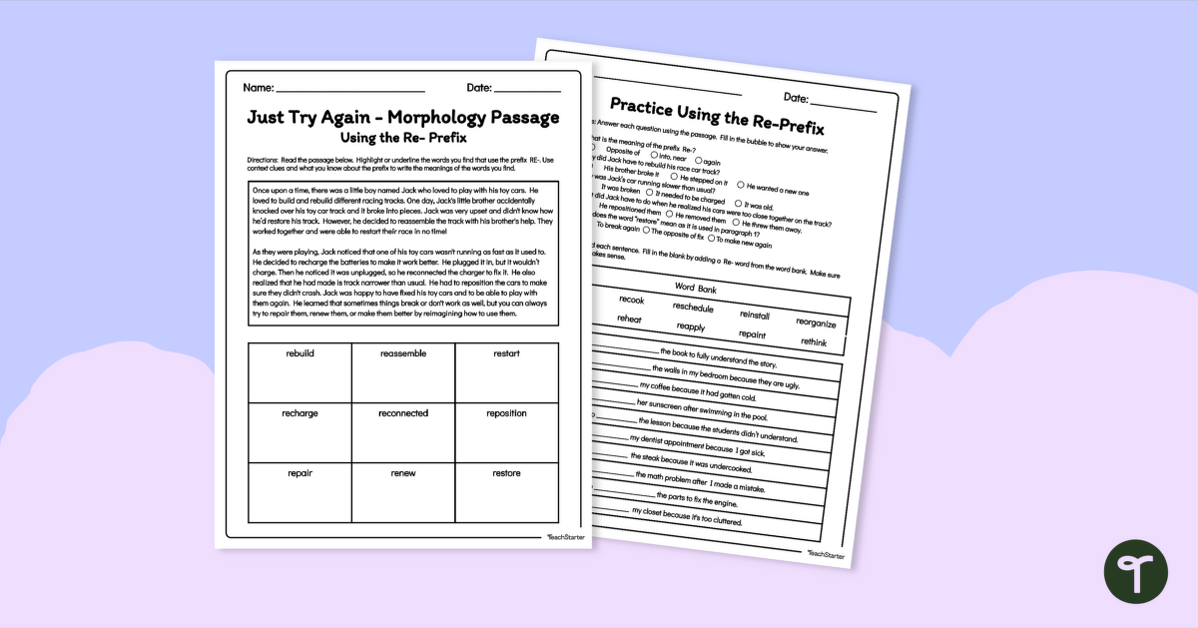 Re- Prefix Words Worksheet - Morphology Passage teaching resource