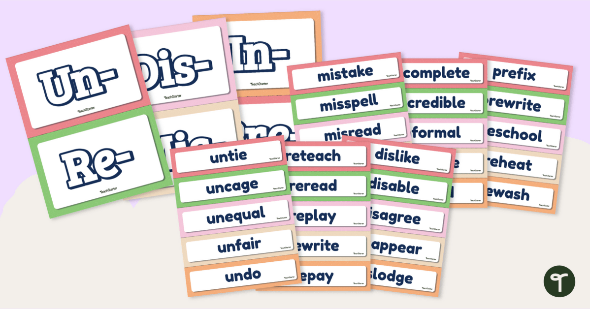 Prefix Word Wall - Words with Un, Re, Pre, Dis, In, and Mis teaching resource