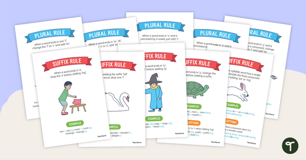 Go to Spelling Rules Posters – Plurals and Suffixes Anchor Charts teaching resource