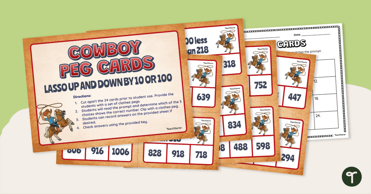 Cowboy Peg Cards – 10 More, 10 Less/100 More, 100 Less teaching resource