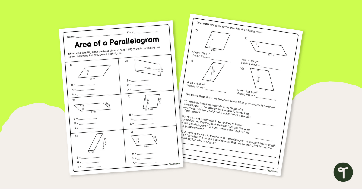 Area of a Parallelogram – Worksheet teaching resource