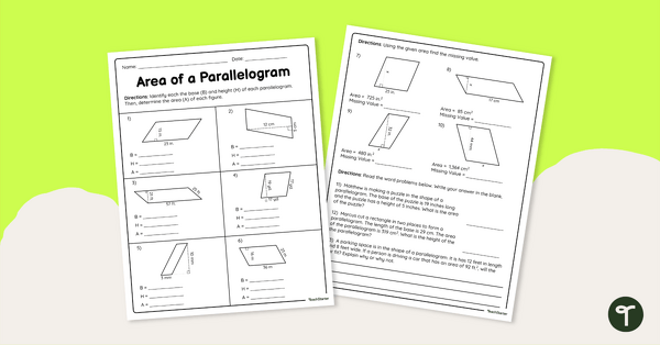 Area of a Parallelogram – Worksheet teaching resource