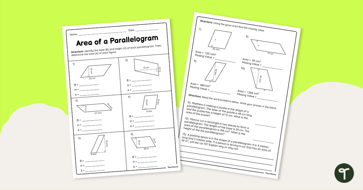 Area of a Parallelogram Worksheet teaching resource