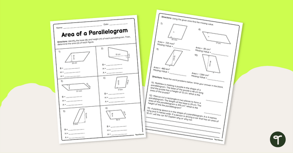 Go to Area of a Parallelogram Worksheet teaching resource