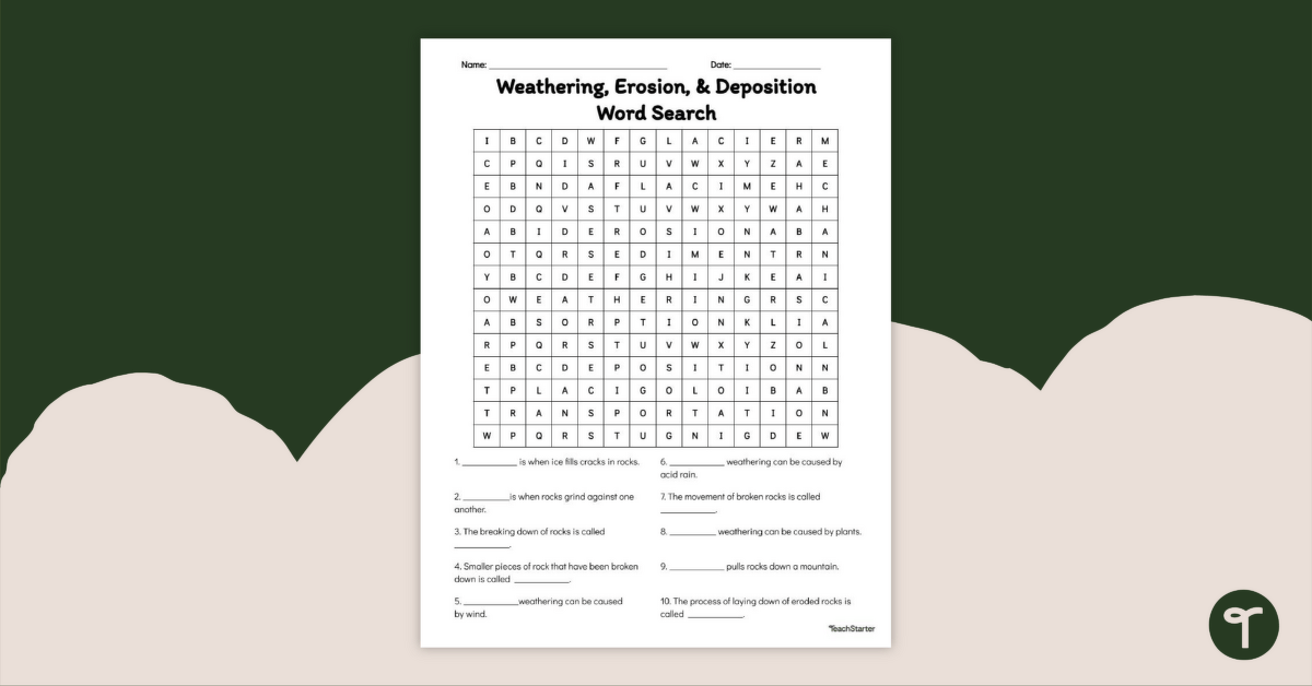 Weathering Erosion And Deposition Word Search Teach Starter