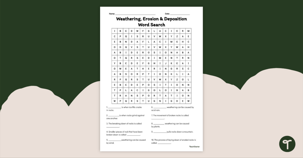 Weathering, Erosion and Deposition – Word Search teaching resource