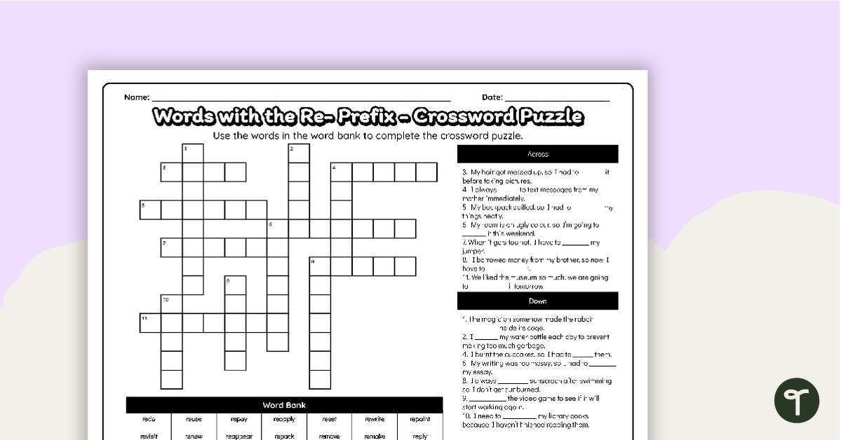 Re- Prefix Crossword Puzzle teaching resource