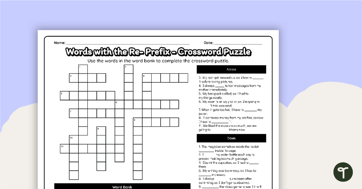 Re- Prefix Crossword Puzzle teaching resource