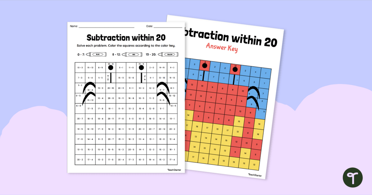 Subtraction within 20 - Colour-by-Number Worksheet teaching resource