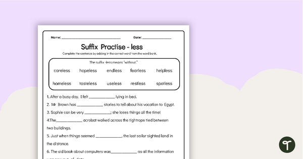 Go to -Less Suffixes Worksheet teaching resource