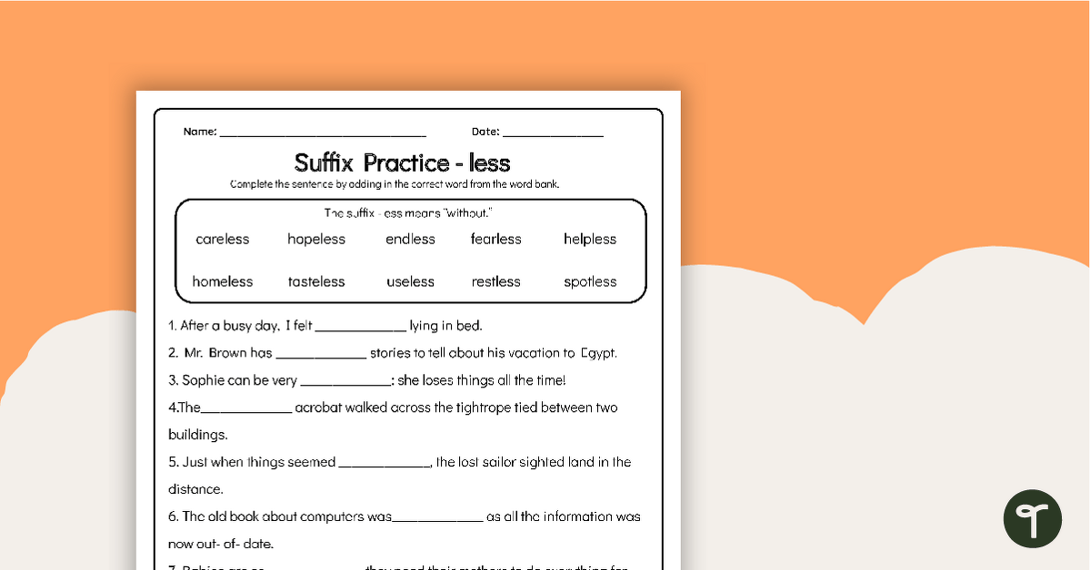 Suffix Worksheet: -less teaching resource