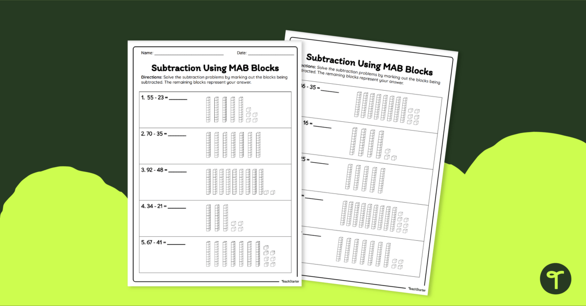 Subtraction Using MAB Blocks - Worksheet teaching resource
